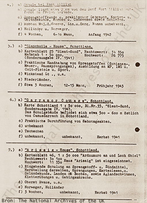 Duits document met de exacte situering van enkele Britse opleidingsscholen